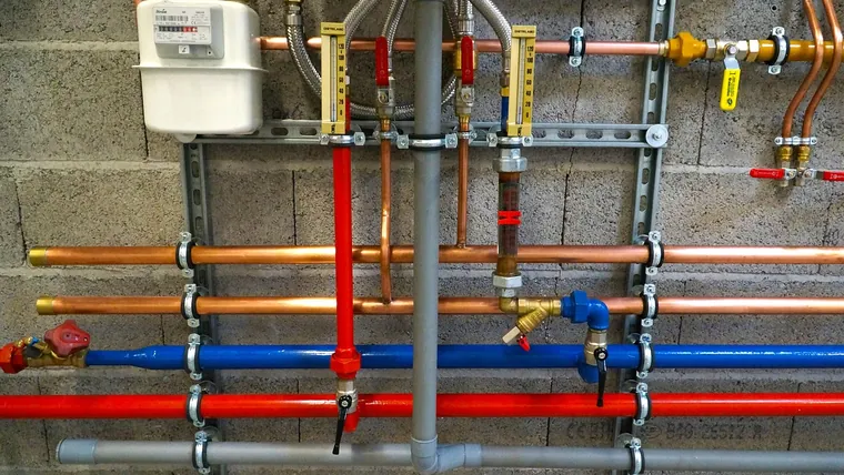 Gas- und Wasserleitungen mit Gaszaehler im Technikraum